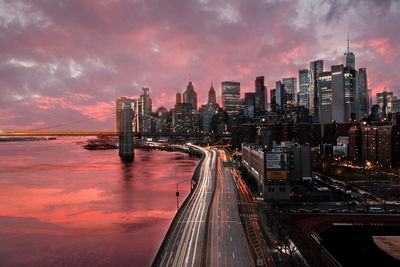 High angle view of city at sunset