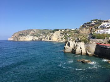 Scenic view of sea against clear blue sky