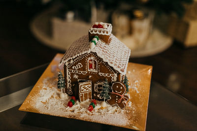 Close-up of christmas presents on table