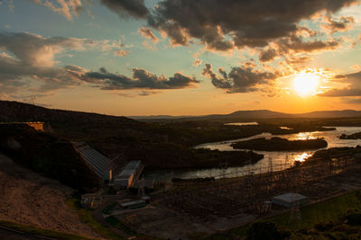 High angle view of cityscape during sunset