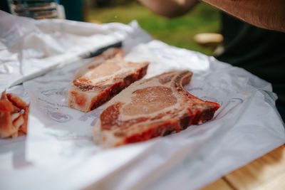 High angle view of meat in plate on table