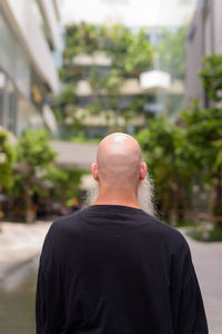 Rear view of man standing against city