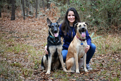 Portrait of two dogs sitting in forest