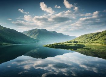 Scenic view of lake and mountains against sky