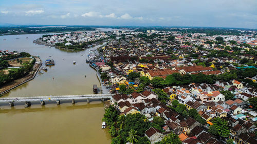 High angle view of townscape against sky in city