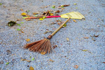 High angle view of brooms on footpath