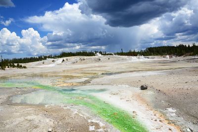 Scenic view of yellowstone national park against cloudy sky