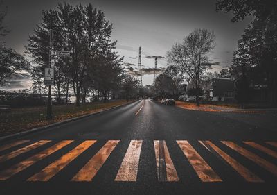 Empty road by trees against sky in city