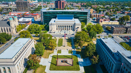 High angle view of buildings in city