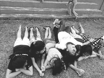 High angle view of men on floor