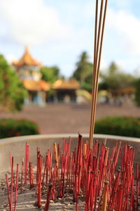 Close-up of temple against building
