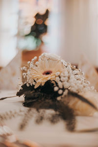 Close-up of white rose on table