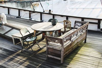 High angle view of furniture on boat deck