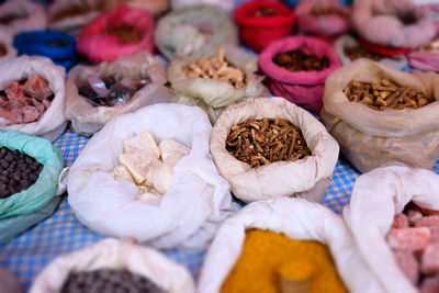 High angle view of spices for sale at market stall