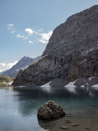 Rock formations in lake against sky