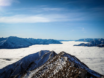 Scenic view of snowcapped mountains against sky