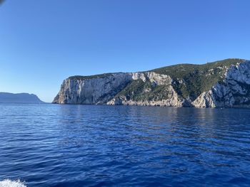 Scenic view of sea against clear blue sky