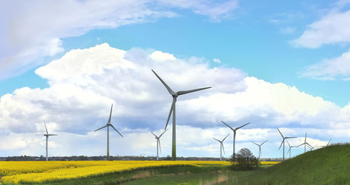 Windmills on field against sky