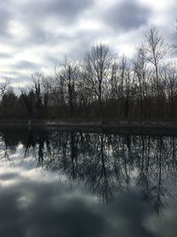 Reflection of trees in lake against cloudy sky