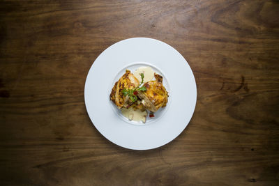 High angle view of food in plate on table