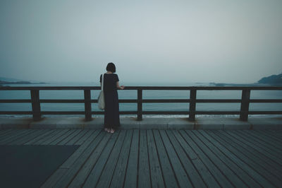 Rear view of woman standing by railing against sea