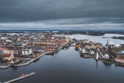 High angle view of city at waterfront