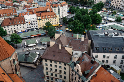 High angle view of houses in town