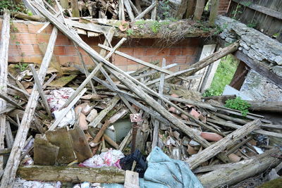 Abandoned built structure against trees