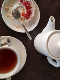 High angle view of tea served on table