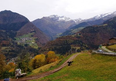 High angle view of horse on field against mountains