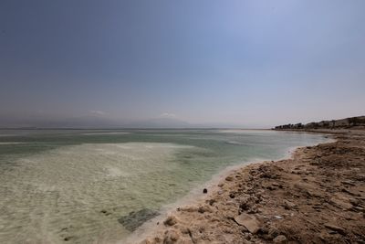 Scenic view of sea against clear blue sky