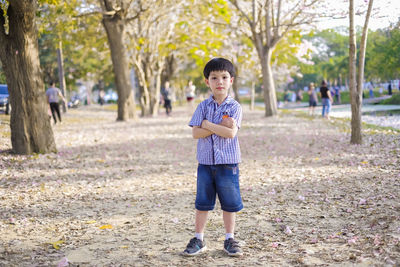 Portrait of cute boy standing against trees at park