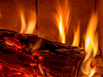 Close-up of open fire at night