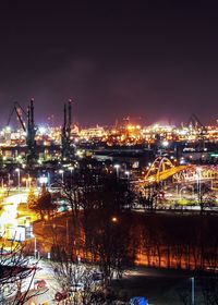 High angle view of illuminated city against sky at night