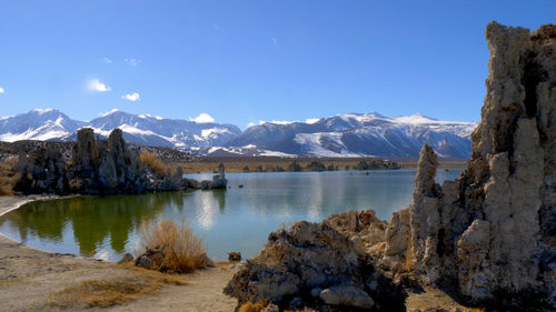 Scenic view of lake and snowcapped mountains against sky