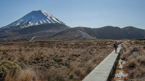 Scenic view of snowcapped mountains against clear sky with a hiker on a boardwalk trail