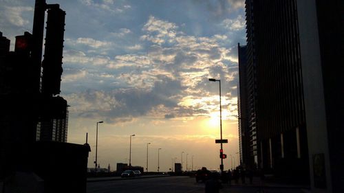 Buildings in city at sunset