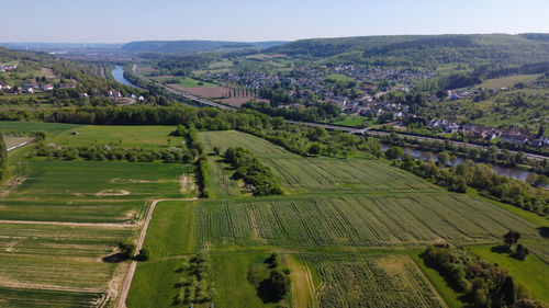 High angle view of agricultural field against sky