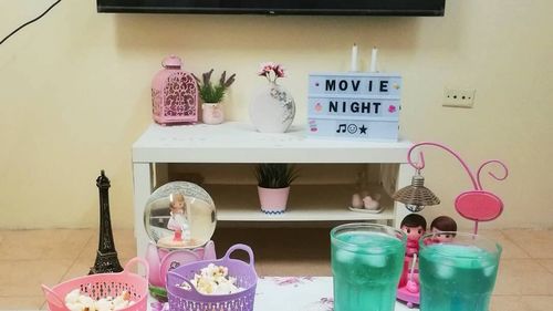 Various bottles on shelf at home