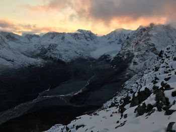 Scenic view of snowcapped mountains against sky during sunset