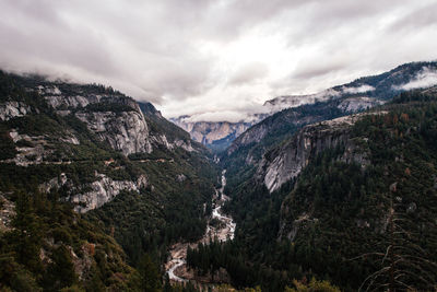 Scenic view of mountains against cloudy sky