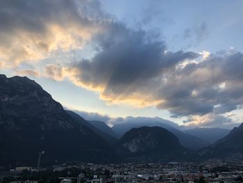 Scenic view of mountains against sky during sunset