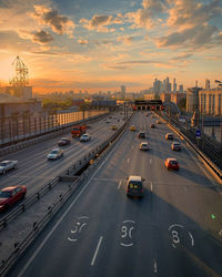 High angle view of traffic on road at sunset