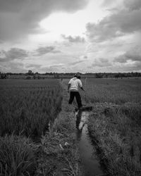 Rear view of farmer on field against sky