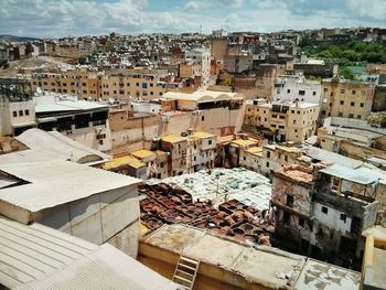 High angle view of tannery amidst buildings in town