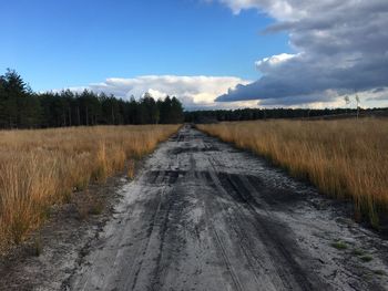 Dirt road amidst field against sky