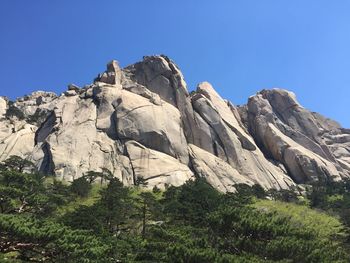 Rock formations on landscape against clear blue sky