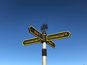 Low angle view of street name sign against clear blue sky