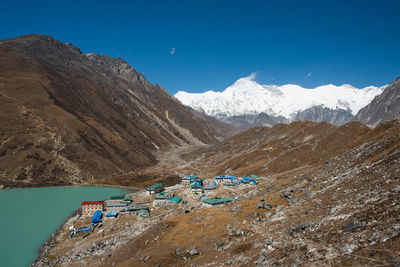 Scenic view of snowcapped mountains against clear blue sky