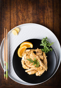 High angle view of food in plate on table